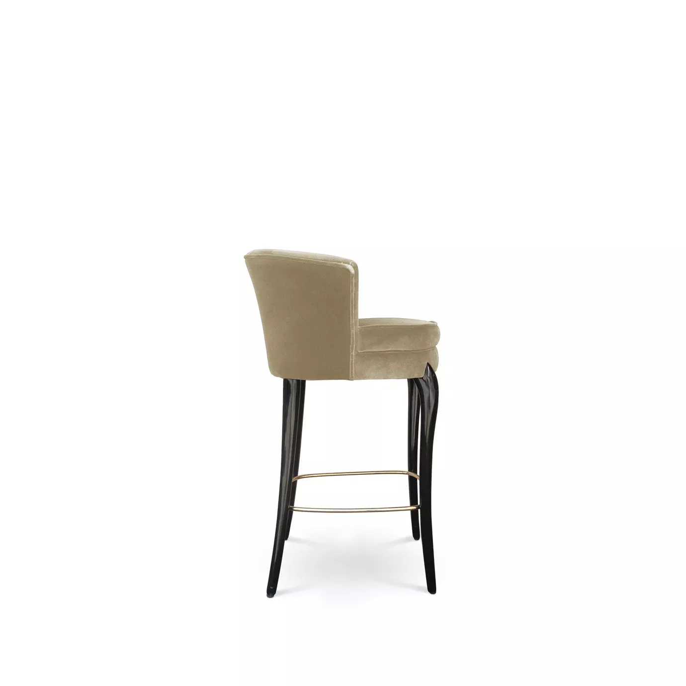 Side view of the Délice Counter Stool: featuring a tan velvet upholstered seat, black legs, and a golden footrest.