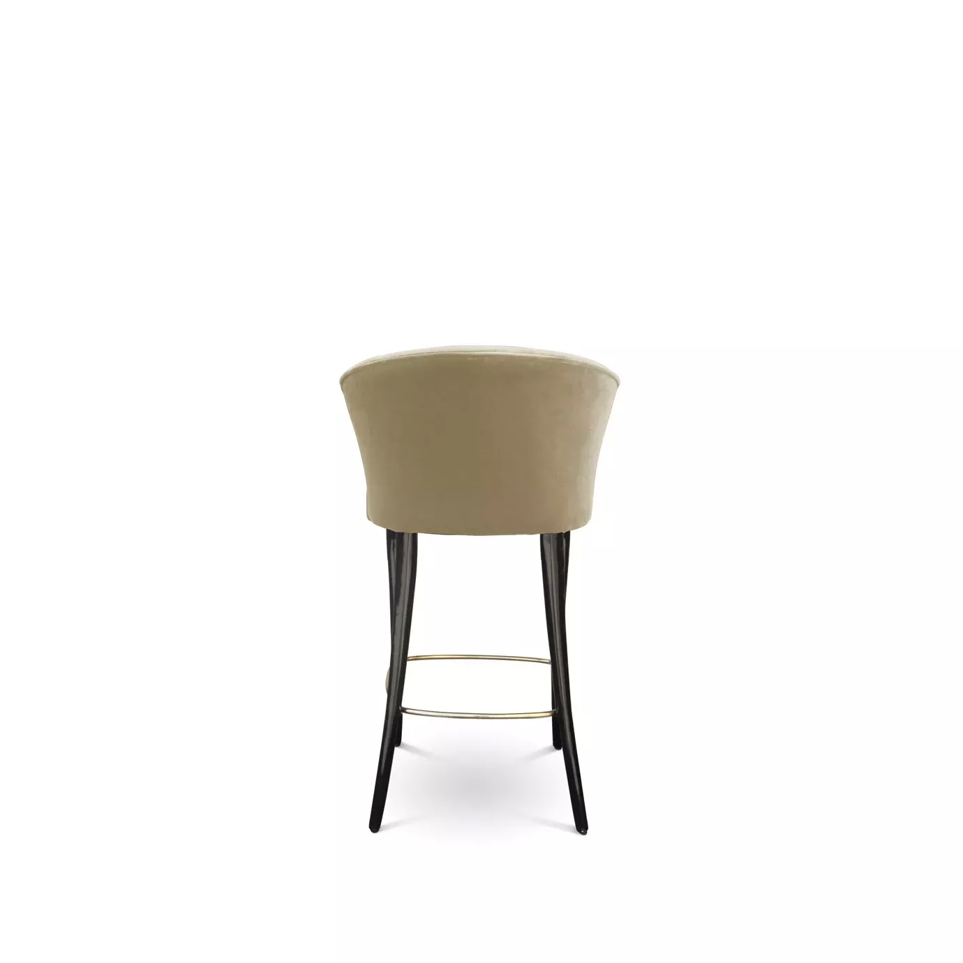 Back view of the Délice Counter Stool: featuring a tan velvet upholstered back, black legs, and a circular golden footrest.