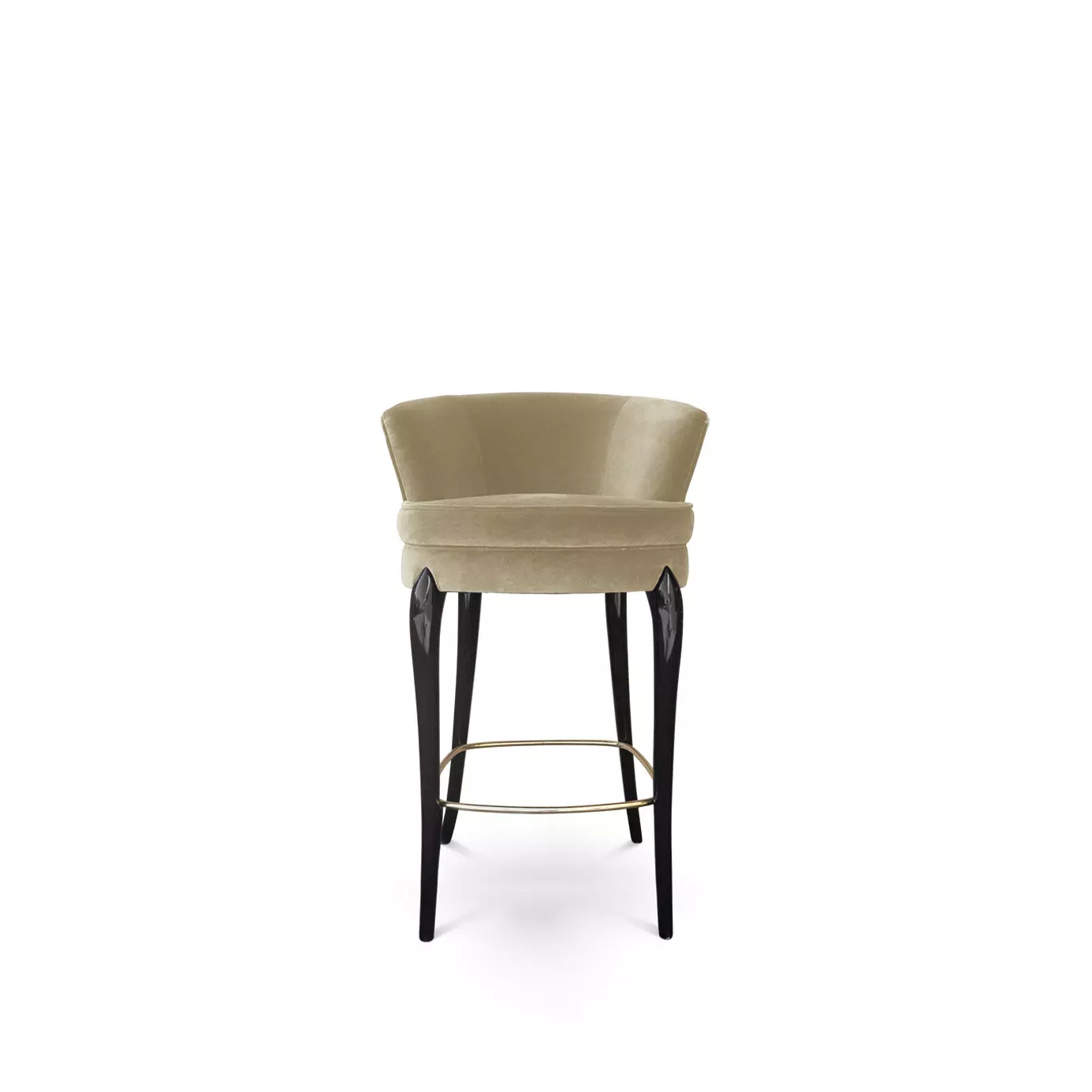 Front view of the Délice Counter Stool: featuring a tan velvet upholstered seat, black legs, and a golden footrest.
