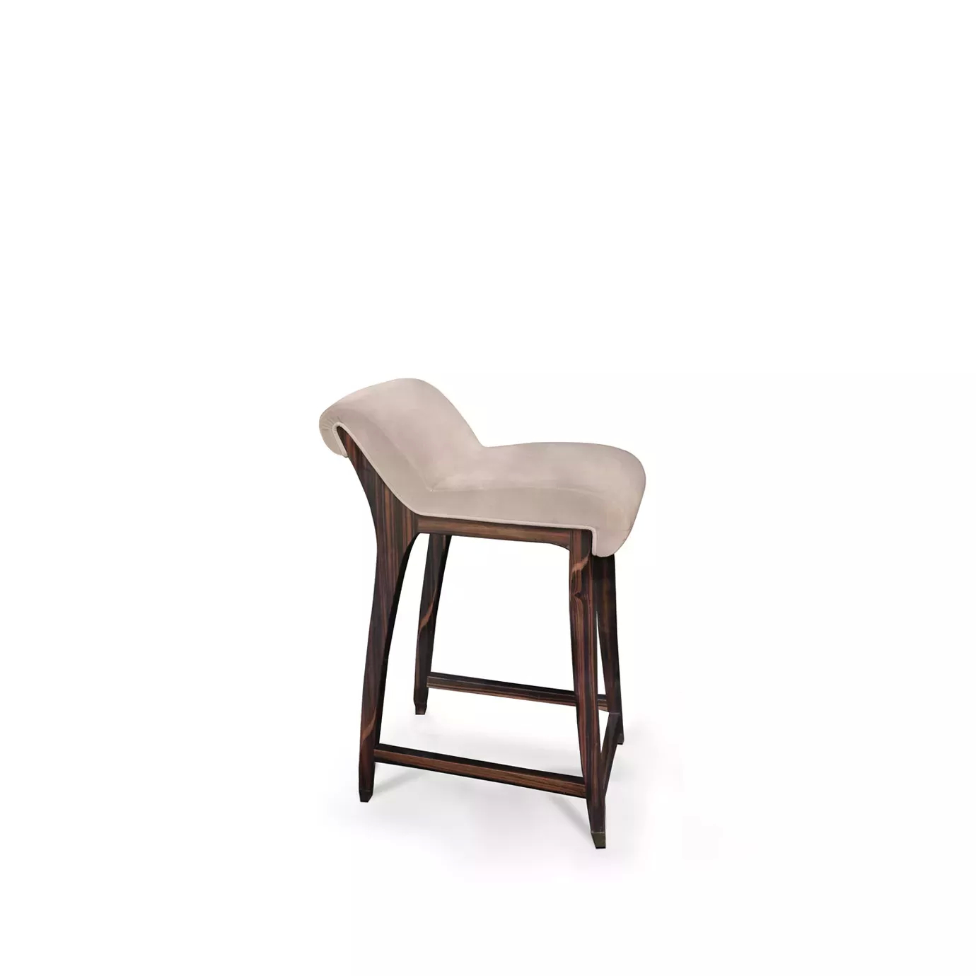 Side view of the Incanto Counter Stool: showcasing its curved, light pink upholstered seat and elegant, dark wooden frame.