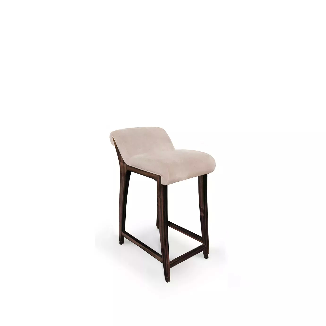 Slightly angled view of the Incanto Counter Stool: featuring a light pink, plush upholstered seat and dark wooden legs.