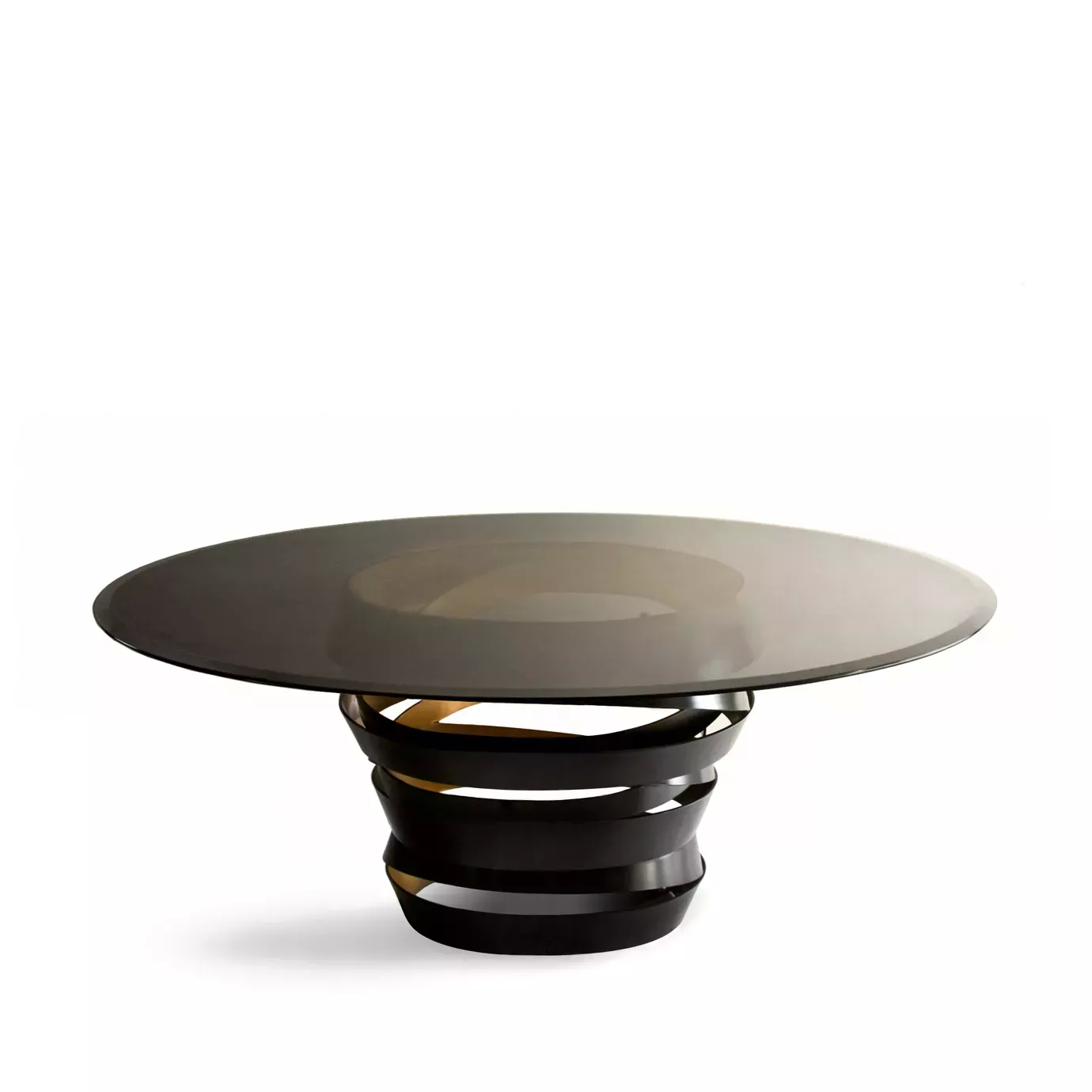 Intuition II Dining Table features a smoked glass tabletop on a large swirling two-tone metal structure, black on the outside and golden on the inside.