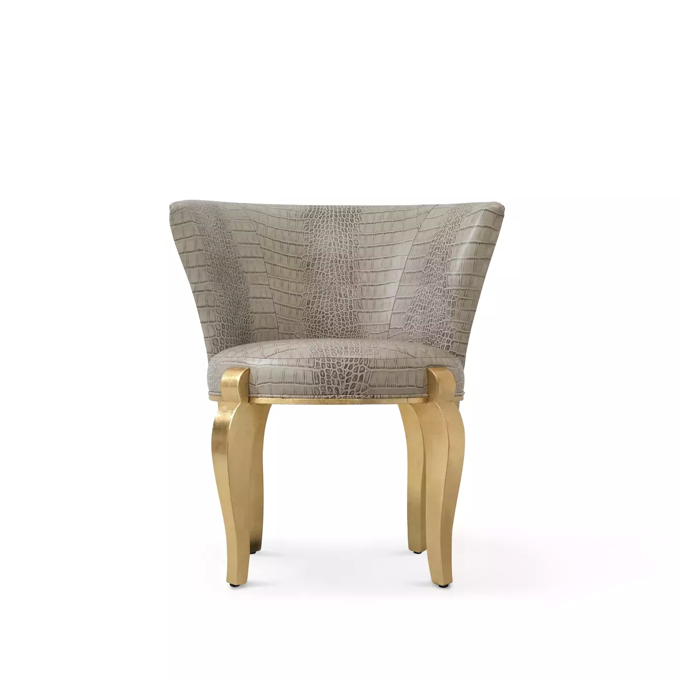Front view of the Deliciosa Dining Chair: light gray faux crocodile upholstery with stylish, curved golden legs.