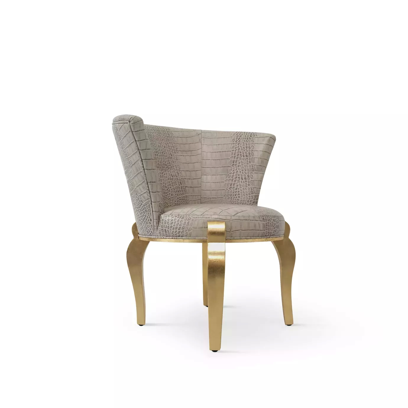 Slightly angled view of the Deliciosa Dining Chair: upholstered in textured, light gray faux crocodile skin with elegant golden legs.