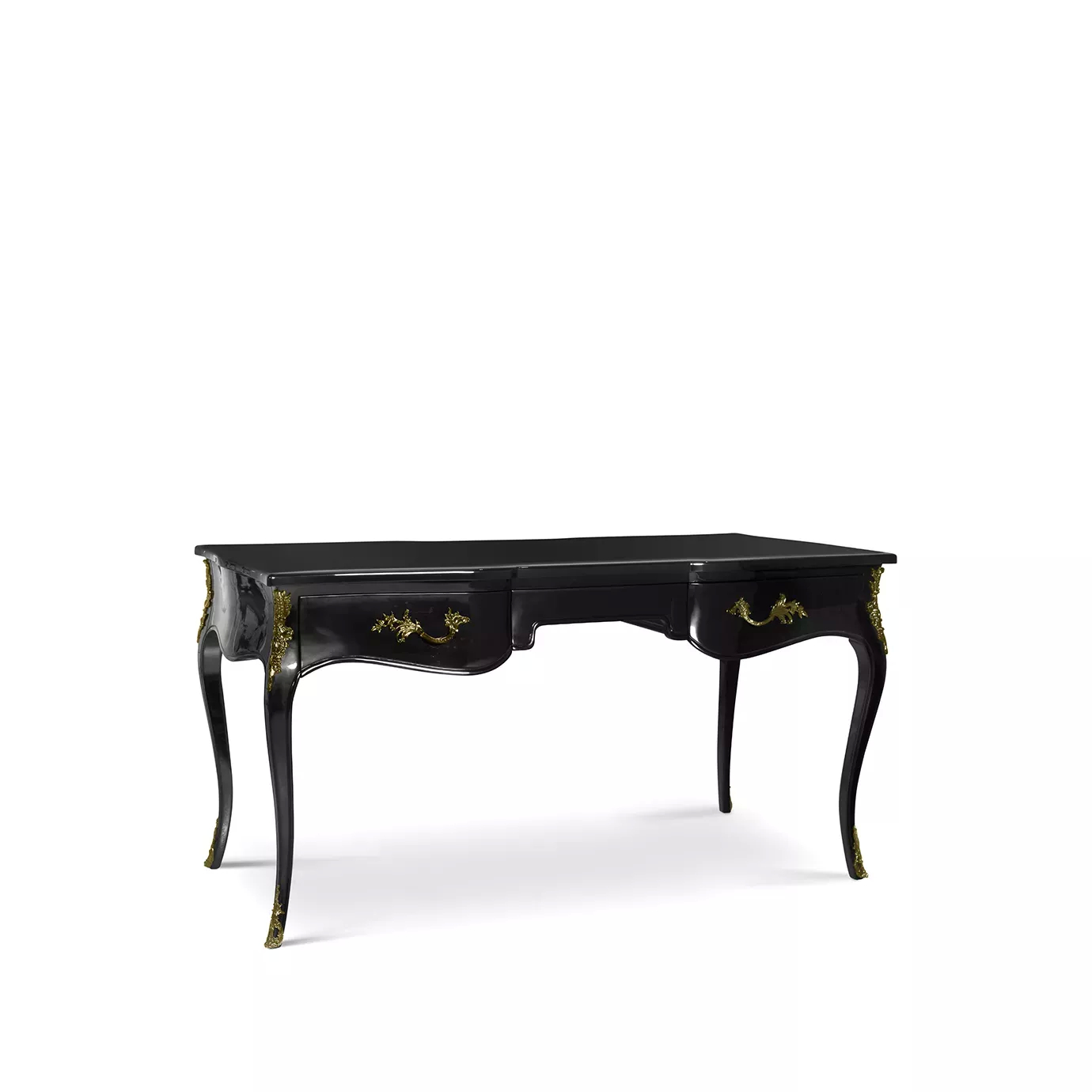 Exotic Lacquer Top Ormolu Desk with a slightly angled view, showcasing its elegant black finish and intricate gold detailing.