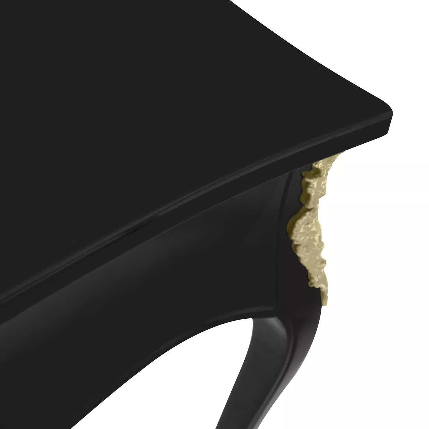 Close-up of the Exotic Lacquer Top Ormolu Desk, highlighting its glossy black surface and intricate gold detailing.