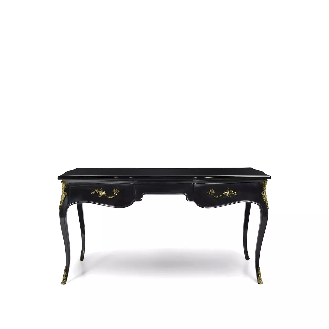 Exotic Lacquer Top Ormolu Desk with a sleek black finish and intricate gold accents, blending elegance and luxury.