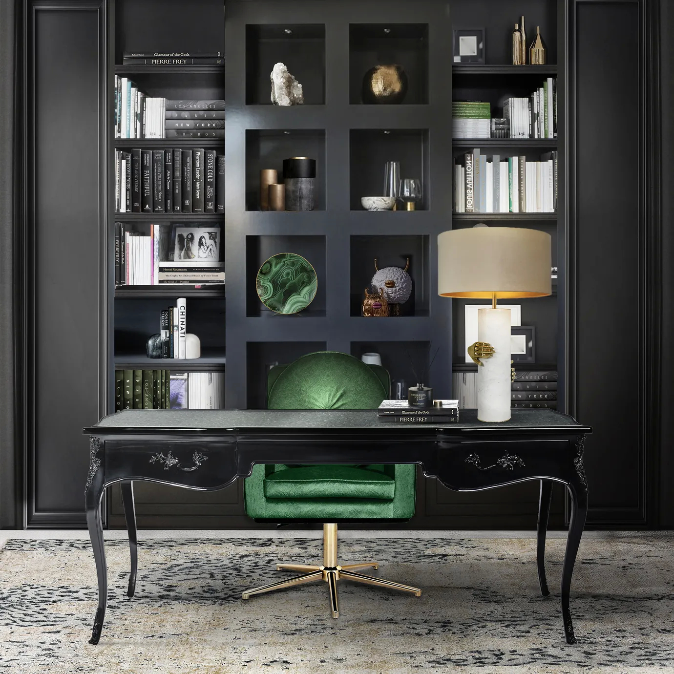 Exotic Lacquer Top Ormolu Desk in a luxurious office, featuring a glossy black finish, gold accents, and a green leather chair.