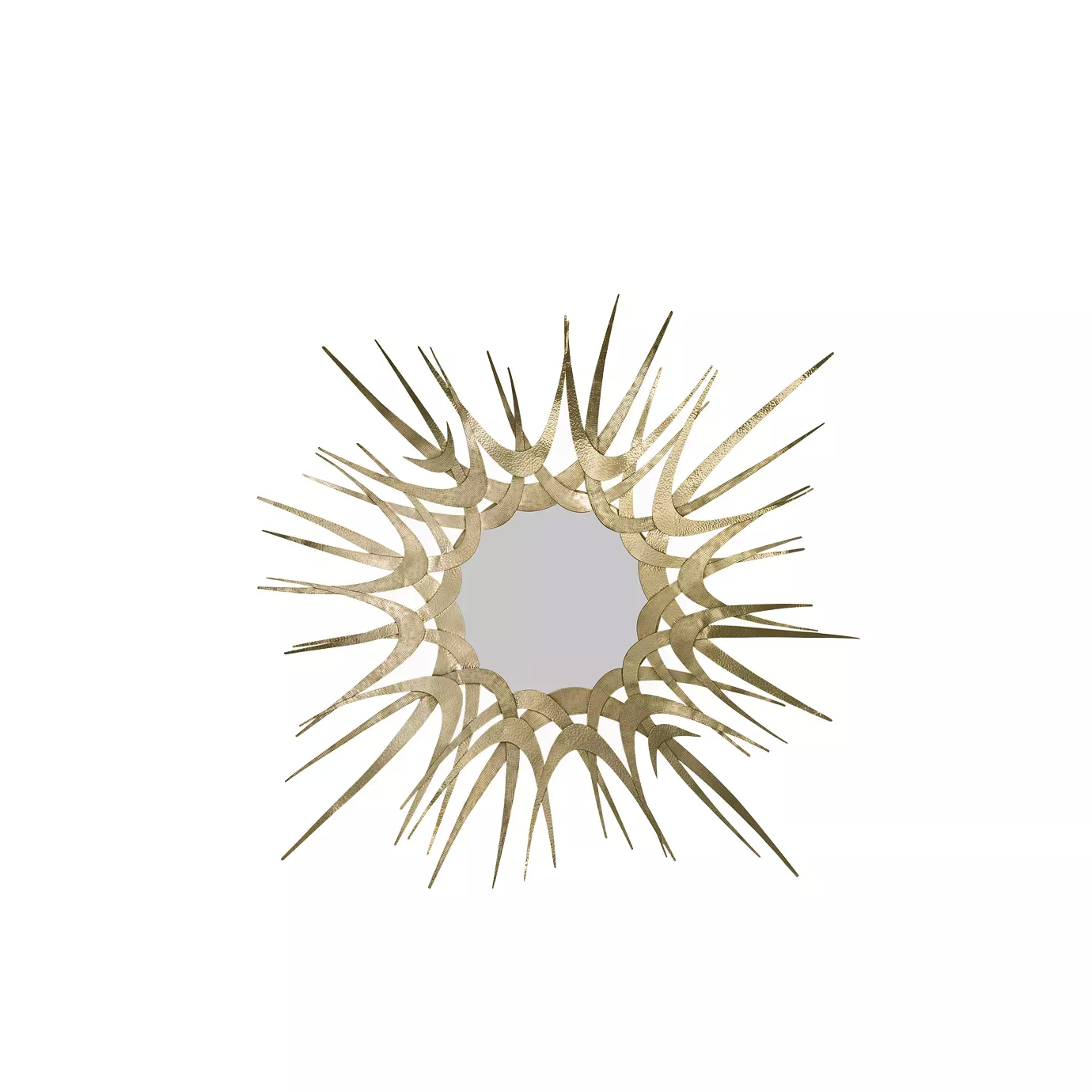 Guilt II Mirror with a bold, sunburst design in gold, elegantly displayed in a modern living room.