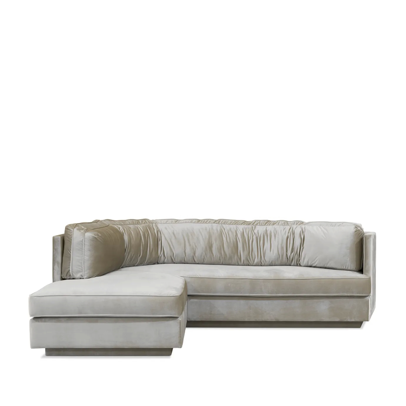 Elegant Lisboa Sofa with a chaise lounge, upholstered in luxurious, ruched velvet. Its design offers sophisticated comfort and style.