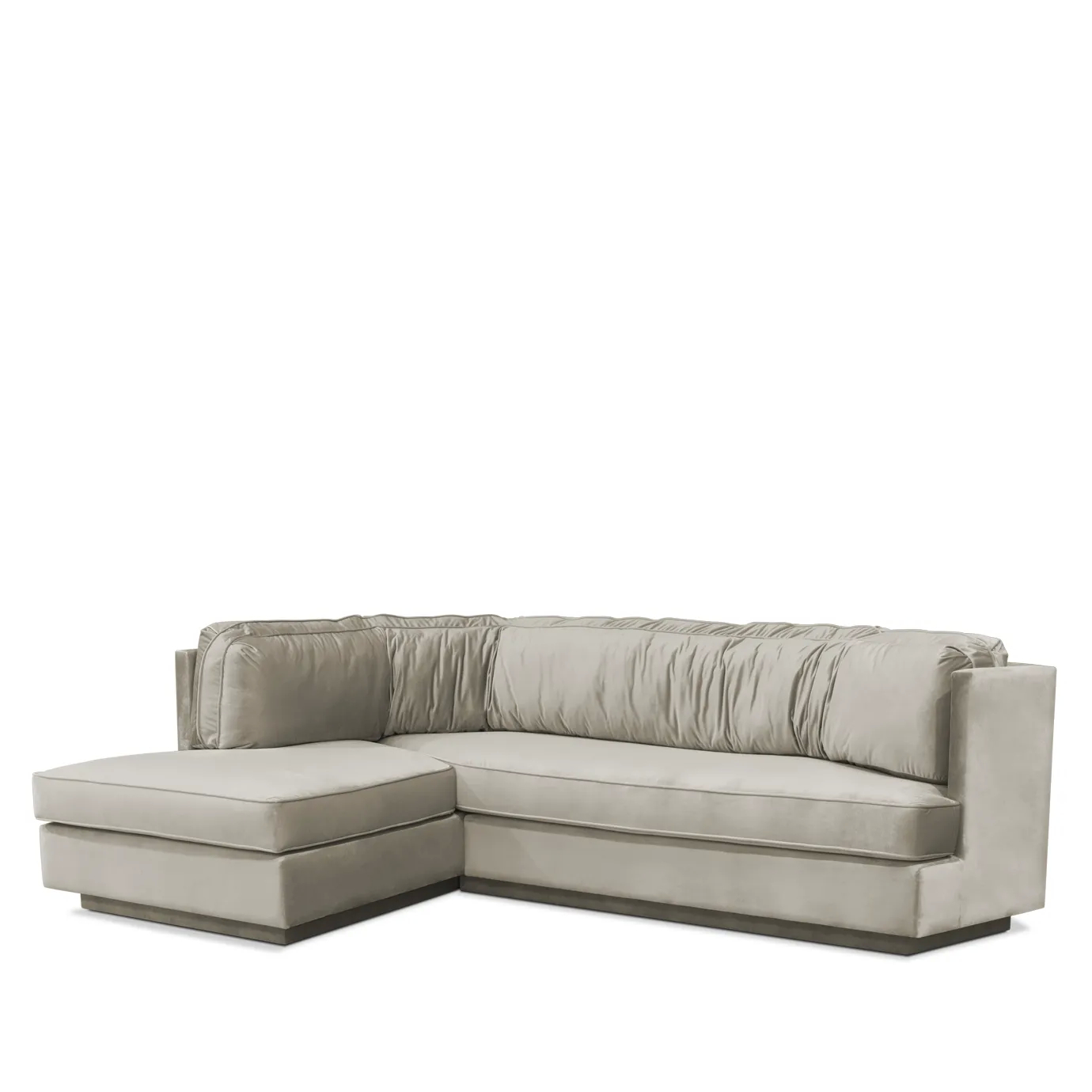 Slightly angled view of the luxurious Lisboa Sofa, showcasing its elegant, ruched velvet upholstery and stylish chaise lounge design.
