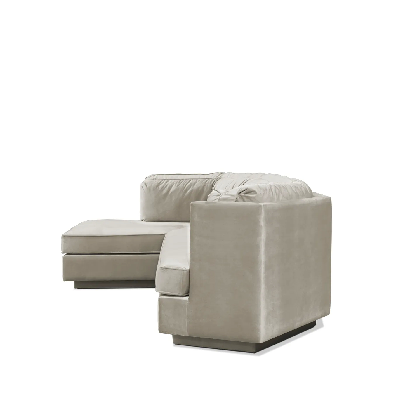 Side view of the elegant Lisboa Sofa with a chaise, showcasing its plush velvet upholstery and modern, comfortable sectional design.