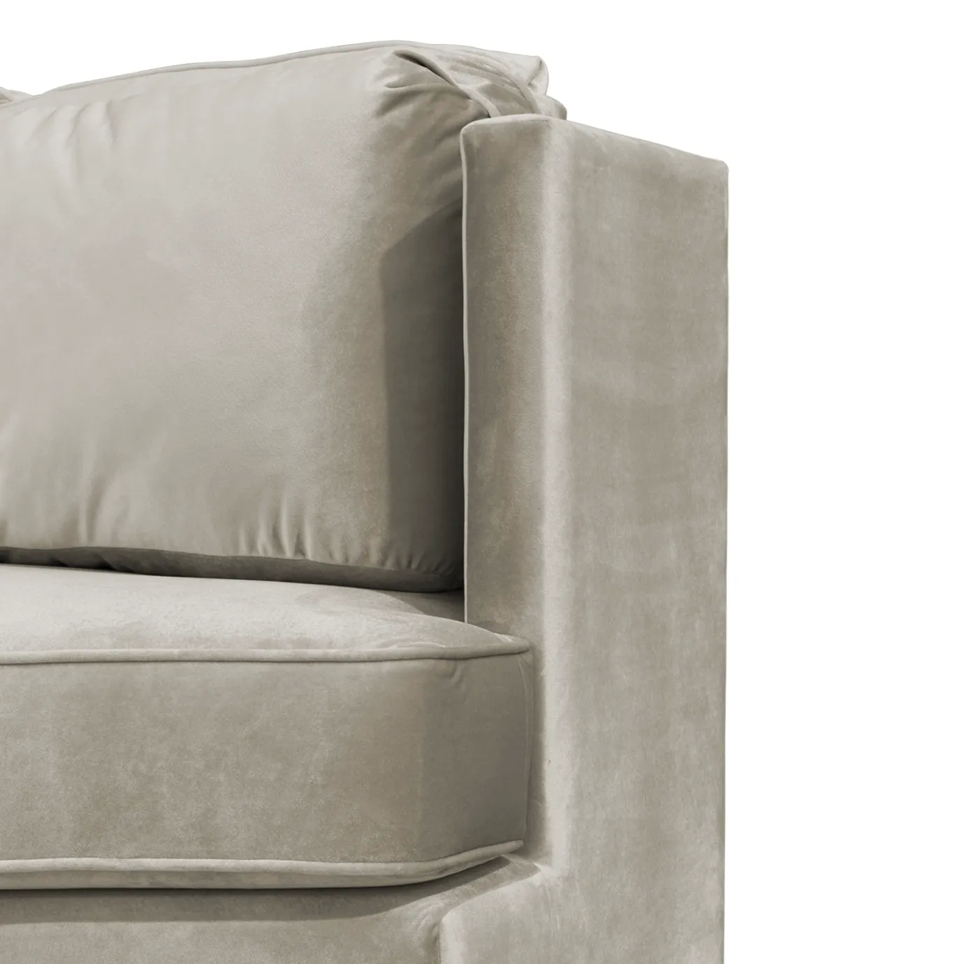 Close-up on the Lisboa Sofa's armrest, highlighting its plush velvet upholstery and clean, modern lines. Shows the cushion and frame detail.