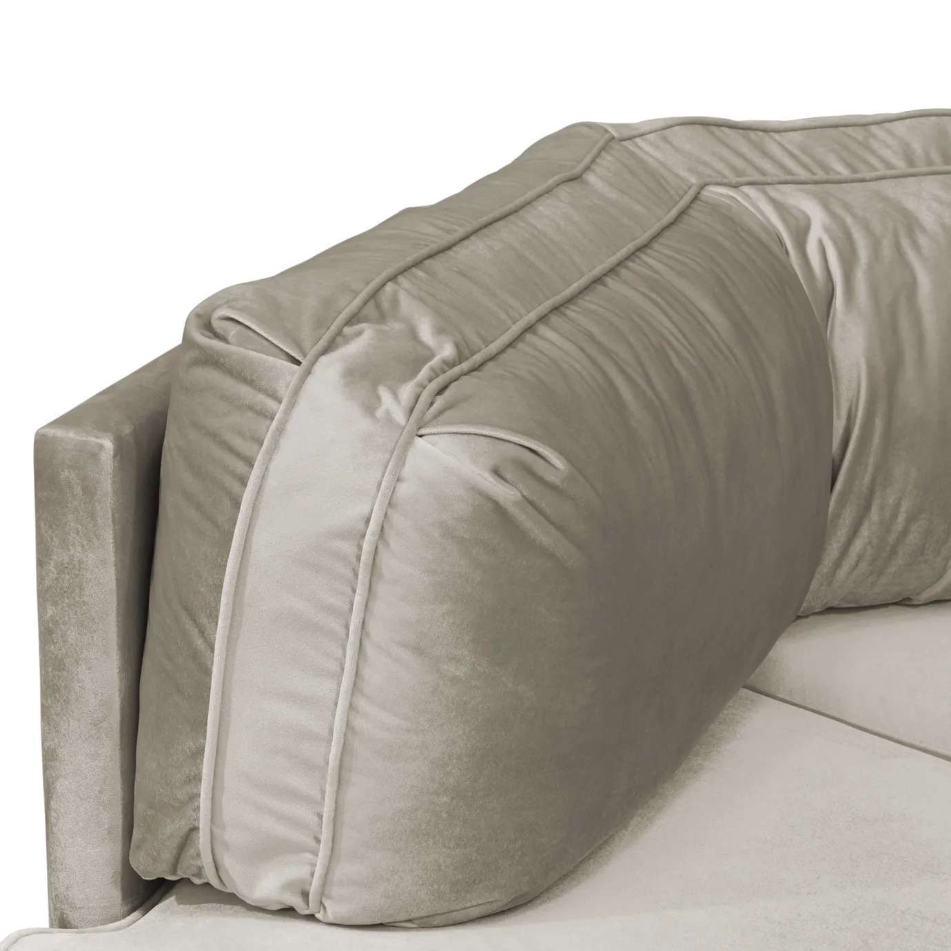 Close-up on the Lisboa Sofa's plush, ruched velvet cushions, highlighting their texture and the elegant design of the backrest.