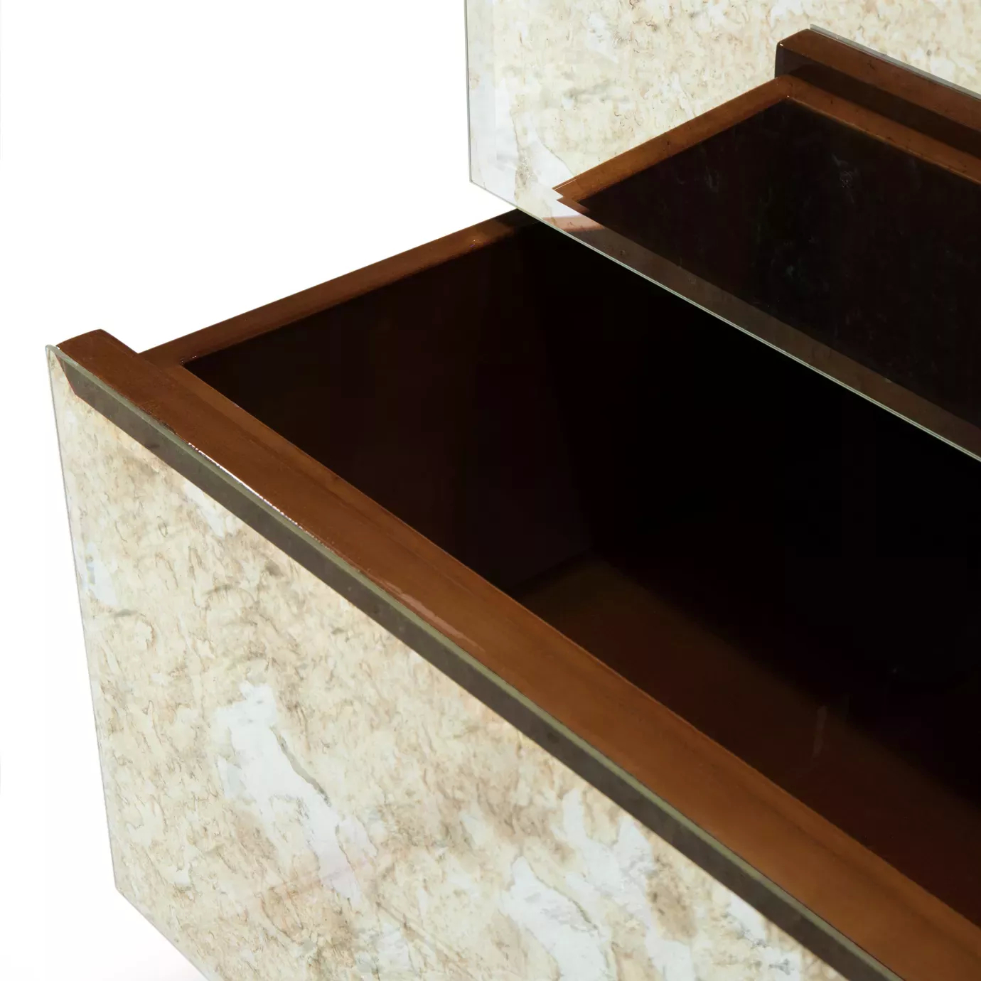 Close-up of the Tamara Chest, highlighting the open drawer with its mirrored front, antique finish, and elegant wooden trim.