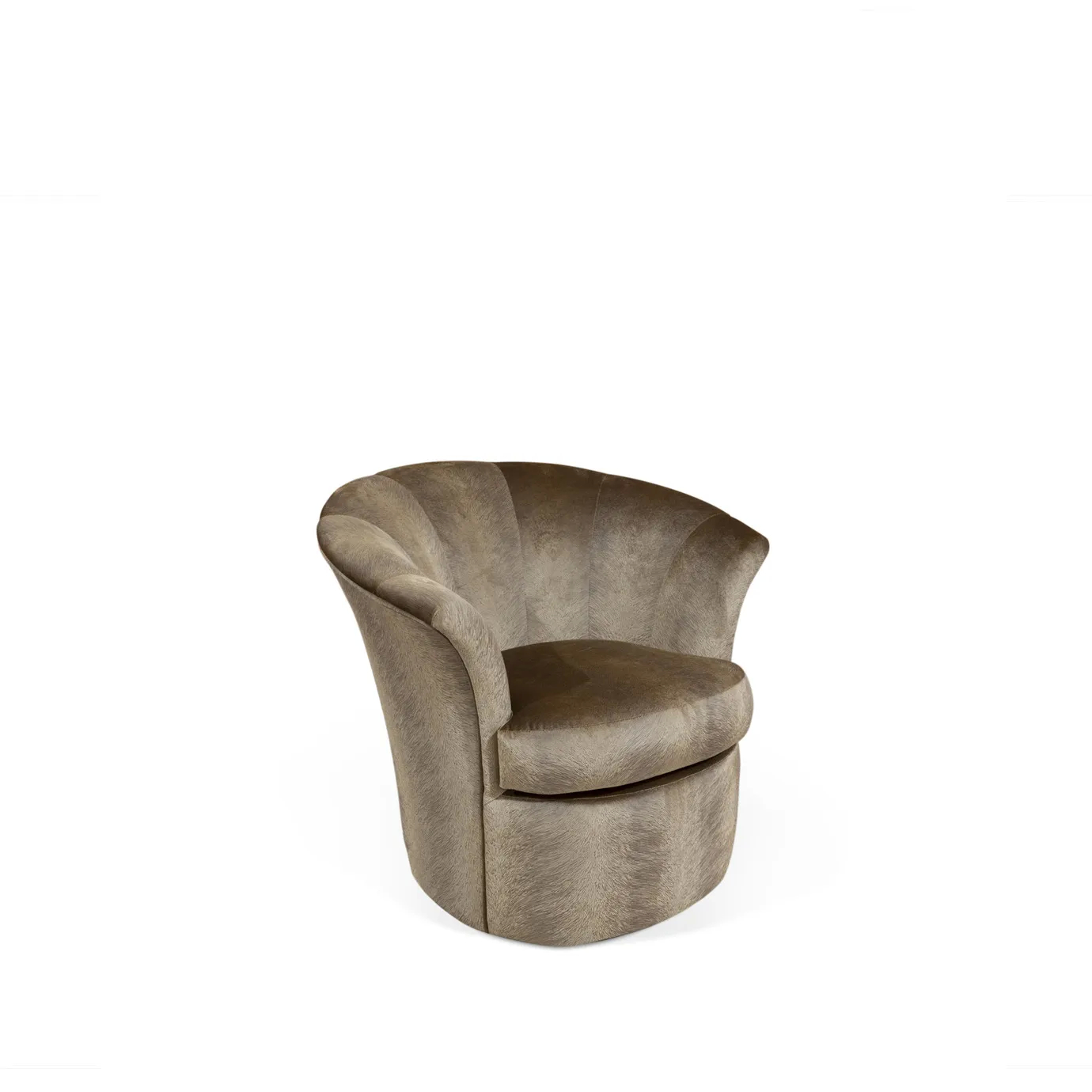 Elegant Besame Chair with a unique, shell-like back, upholstered in a luxurious patterned velvet. This angled view highlights its curved design and comfortable seating.