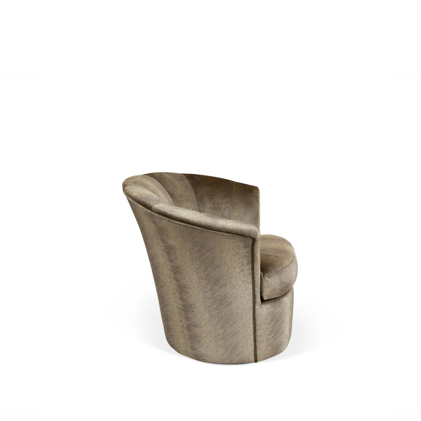 Side view of the luxurious Besame Chair, upholstered in patterned velvet, showcasing its distinctive, curved shell-like back and comfortable seating.