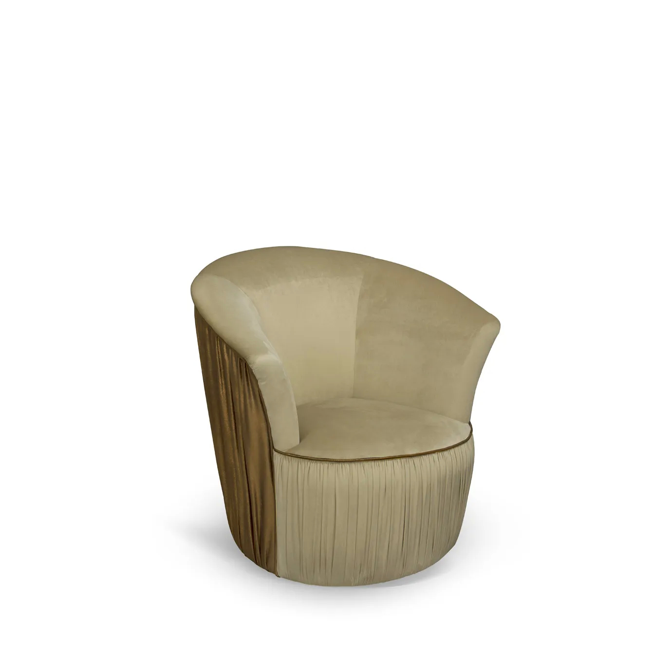 Countess Chair, slight angle: This elegant, curved armchair shows its soft beige velvet, distinctive pleated skirt, and wooden trim.