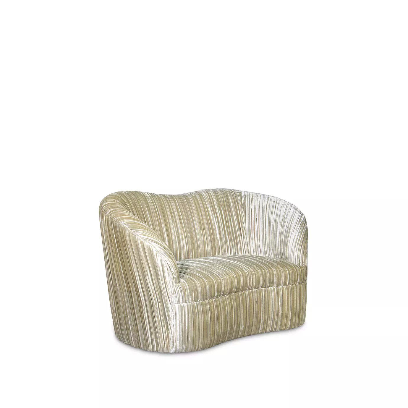 Kelly Loveseat: A stylish, compact sofa with a unique curved silhouette and detailed vertical channel tufting throughout.