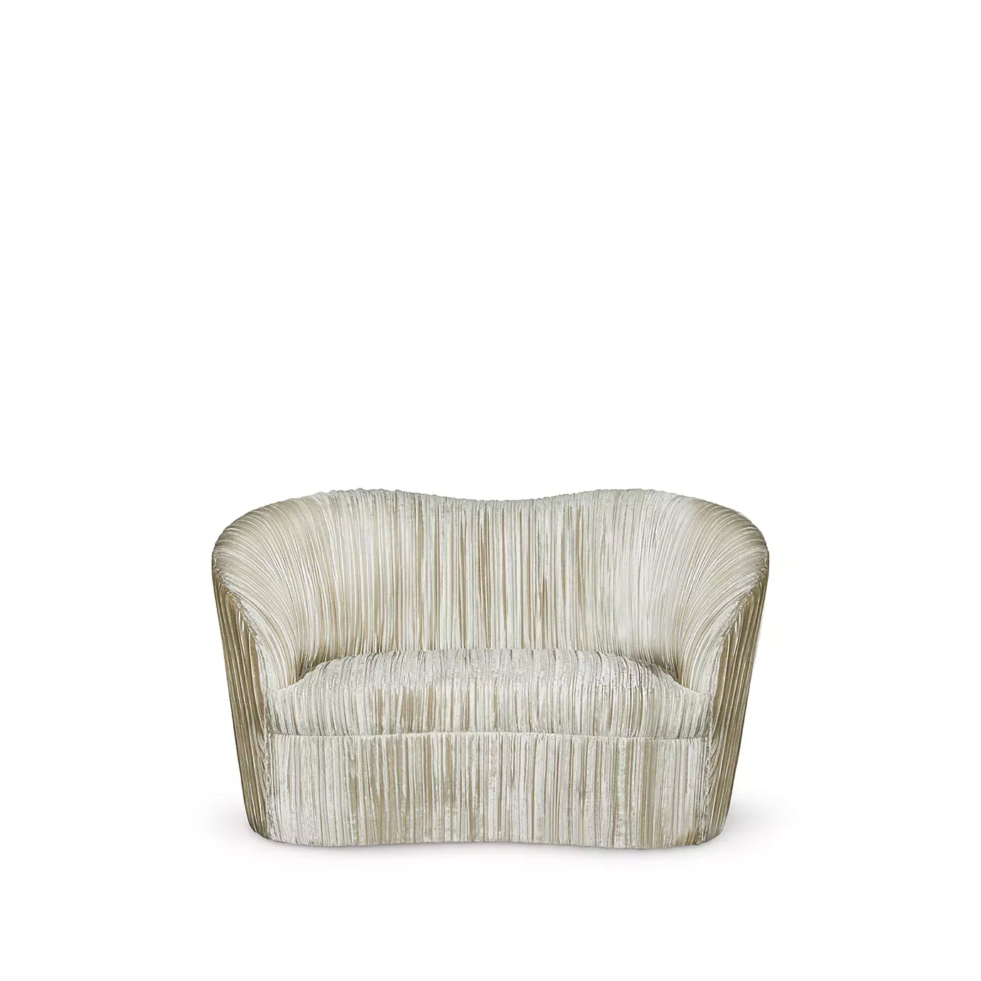 Kelly Loveseat: A stylish, compact sofa with a unique curved silhouette and detailed vertical channel tufting throughout.