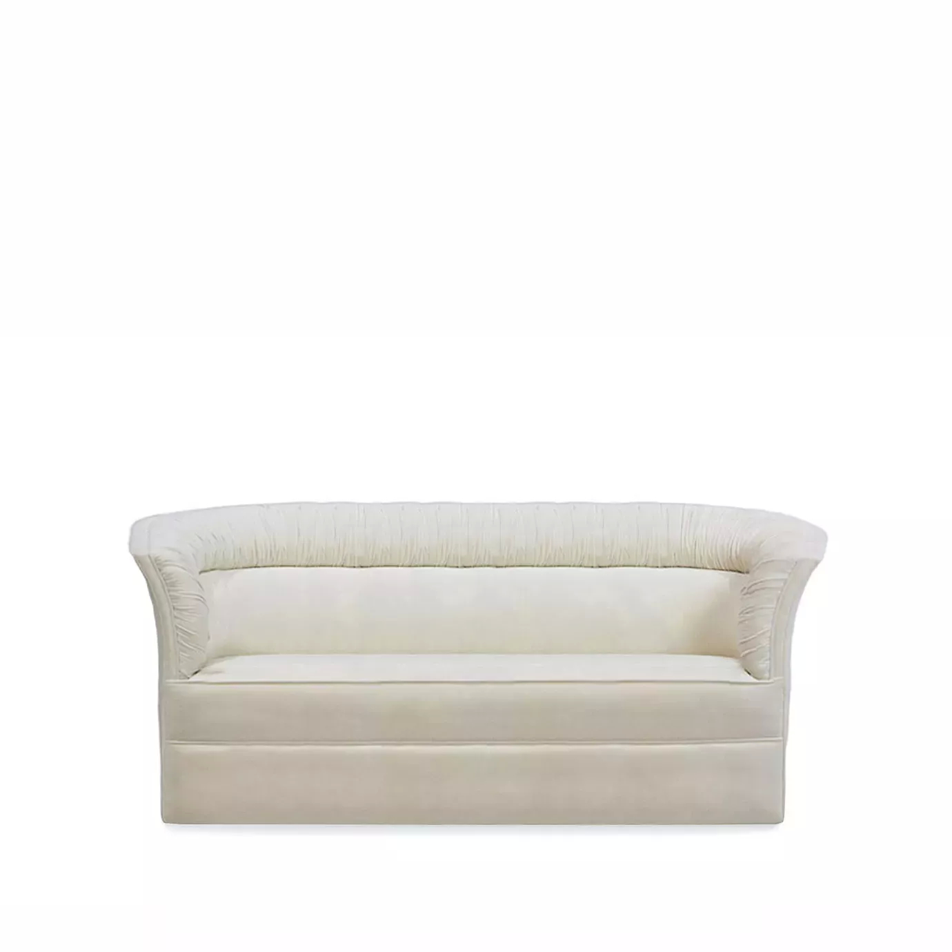 Lovely Sofa, front view: A sophisticated sofa in a soft, light color with distinctive vertical channel tufting on the back and gently curved arms.