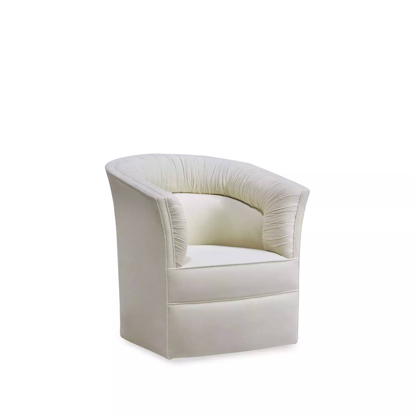 Lovely Armchair, slight angle: A plush, curved armchair in a soft, creamy hue with distinctive vertical channel tufting on the back and sides.