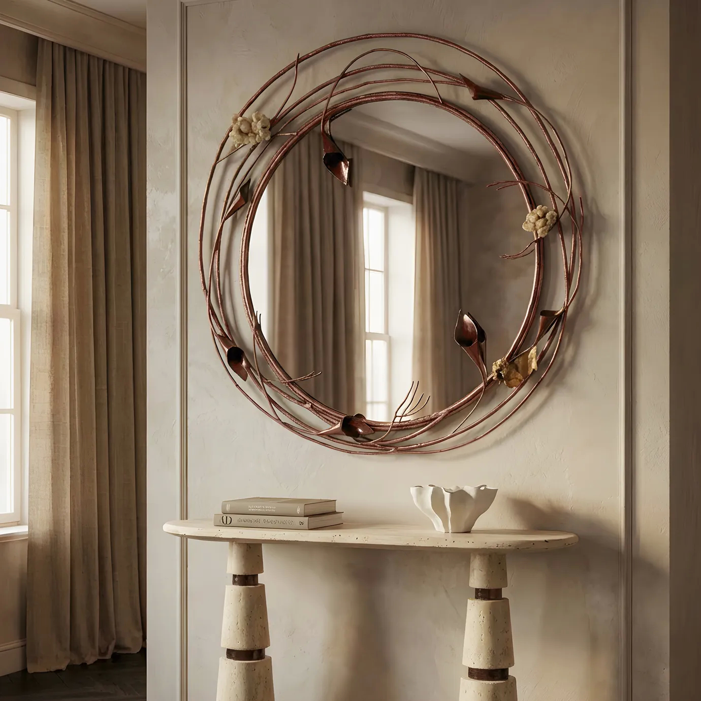 Luxurious entryway featuring KOKET’s Stella Crystalized Mirror with an organic sculptural metal frame, paired with the Avalanche Console in textured stone, styled with books and decorative ceramics.
