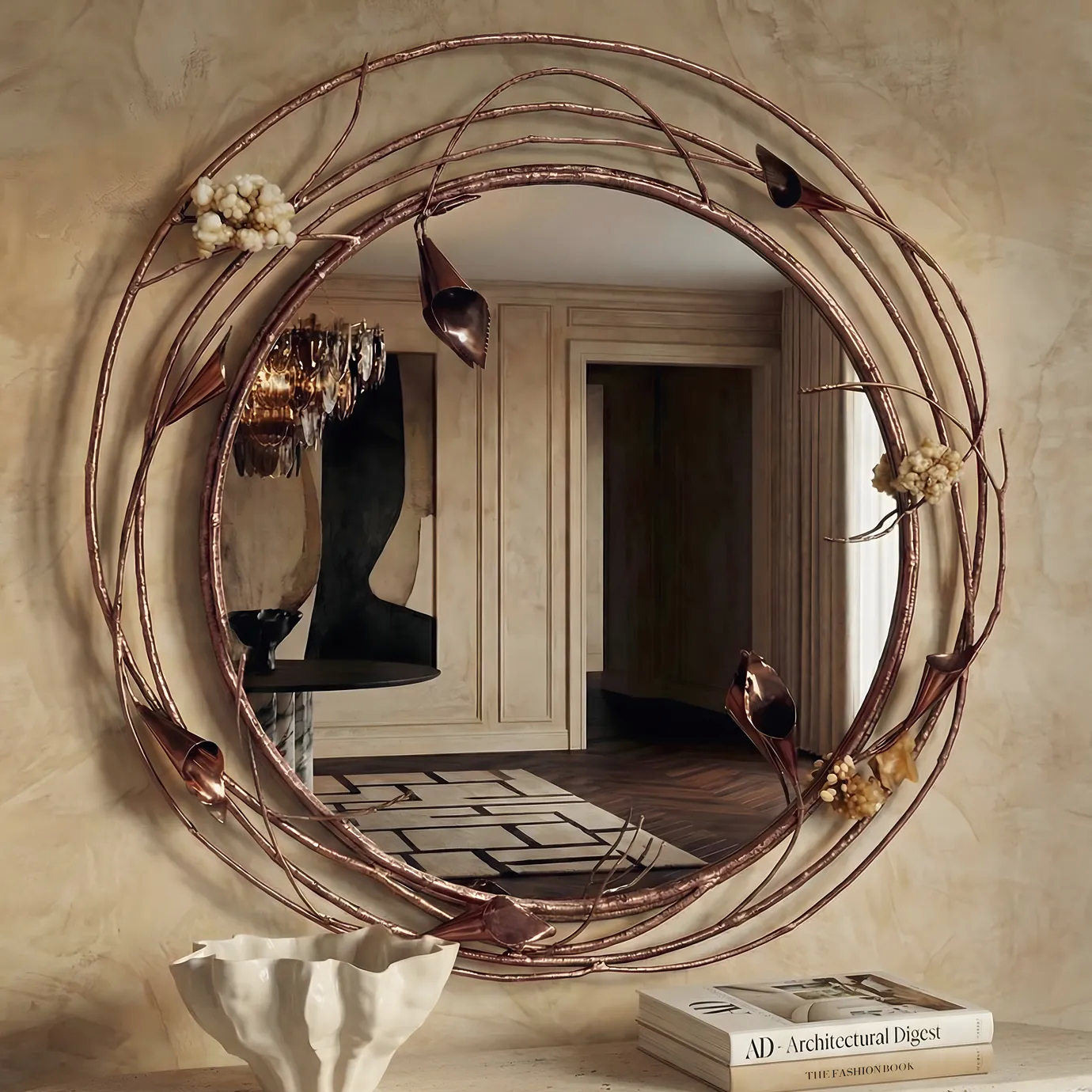 Close-up view highlighting the sculptural detailing of the Stella Crystalized Mirror and the top of the Avalanche Console, showcasing the refined textures, metallic accents, and elegant decorative styling.