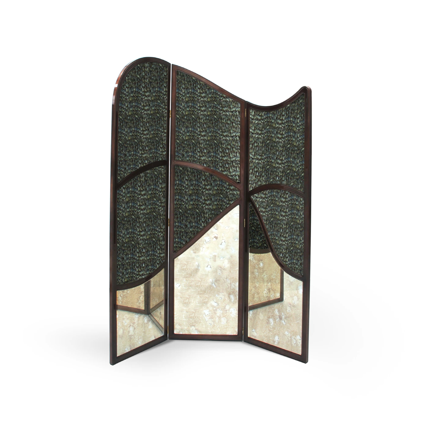 Front view of the Simone Screen, featuring a textured fabric panel with a unique pattern, framed by a dark wood border.
