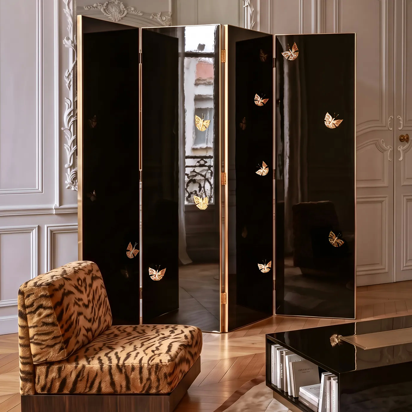 Euphoria screen by KOKET, a black lacquer folding screen with gold filigree butterflies and a polished brass frame, in Paris.