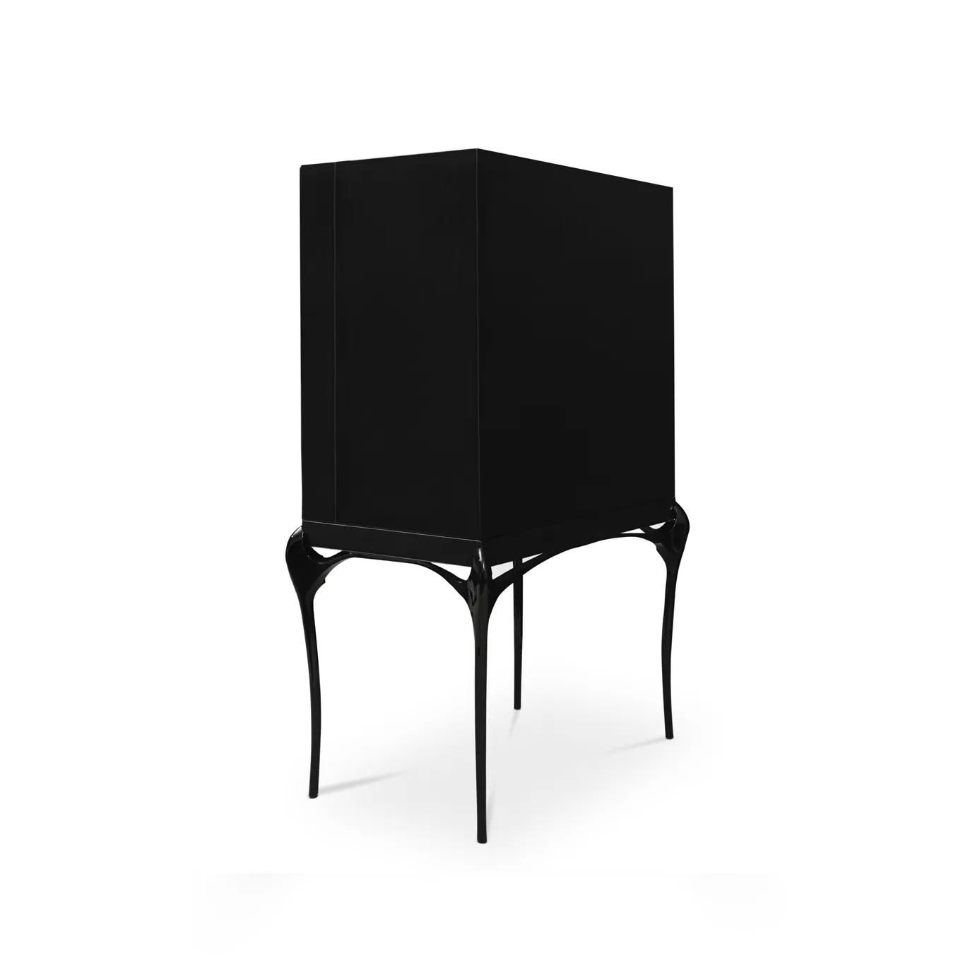 Back view of the India Leather Bar Cabinet, showcasing its sleek black finish and the elegant curve of its supporting legs.
