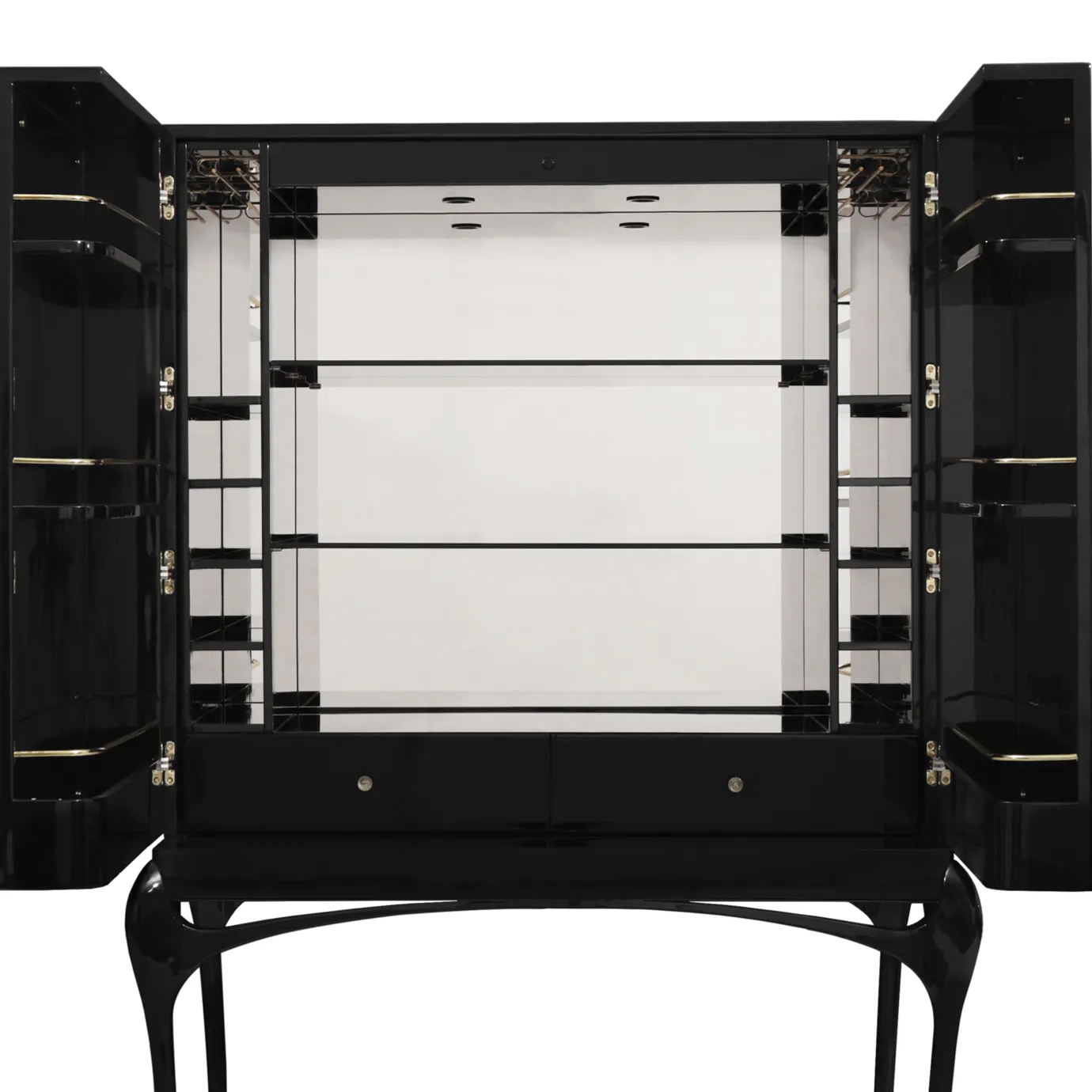 India Leather Bar Cabinet with open doors reveals glass shelves, drawers, and elegant storage details within its glossy black interior.