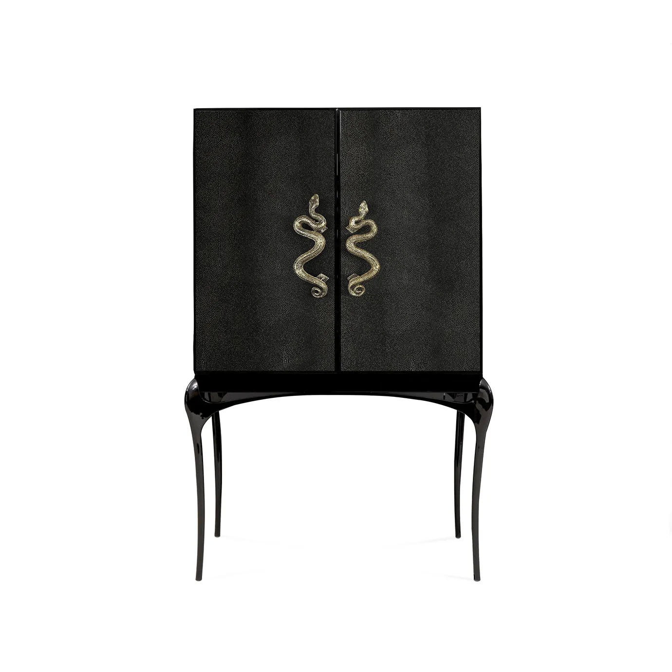 Front view: India Leather Bar Cabinet with textured black doors and striking golden serpent handles on elegant, curved legs.