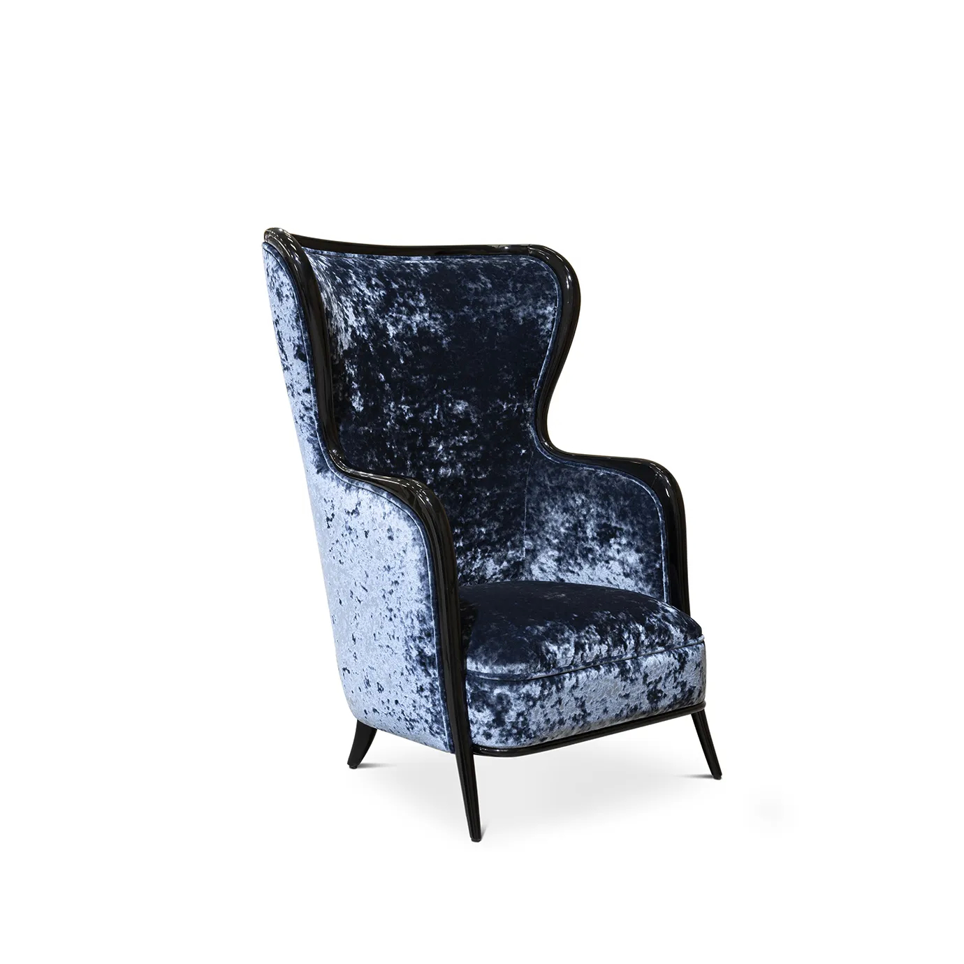 The Nudesse Chair features a high back, plush velvet upholstery, and elegant dark wood trim for a sophisticated look.