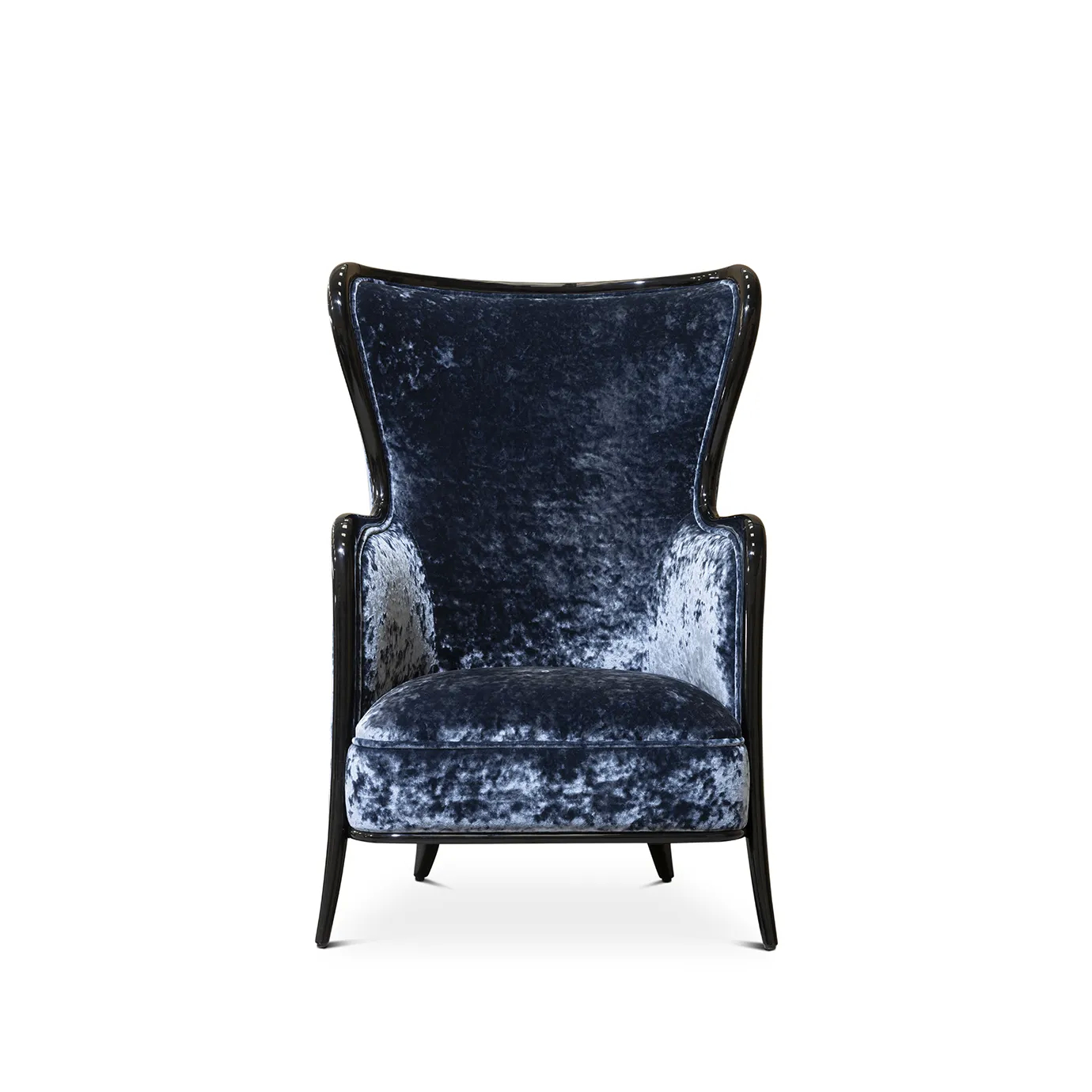 Front view of the Nudesse Chair showcasing its high back, plush velvet upholstery, and dark wood trim.