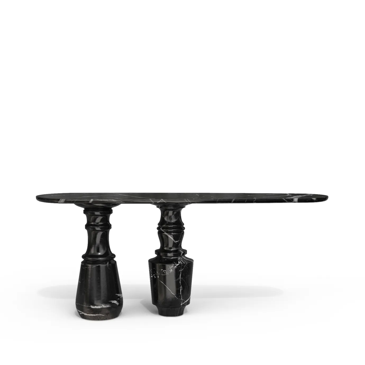 Black marble Pietra Nero Marquina Console table with an oval top and two uniquely shaped pedestals.