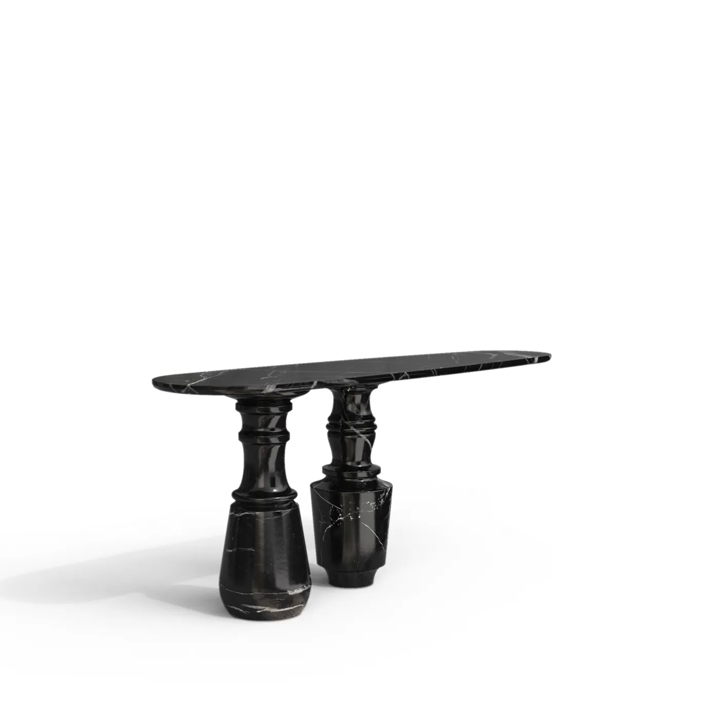 Black marble Pietra Nero Marquina Console table with an oval top and uniquely carved pedestals, viewed at a 45-degree angle.