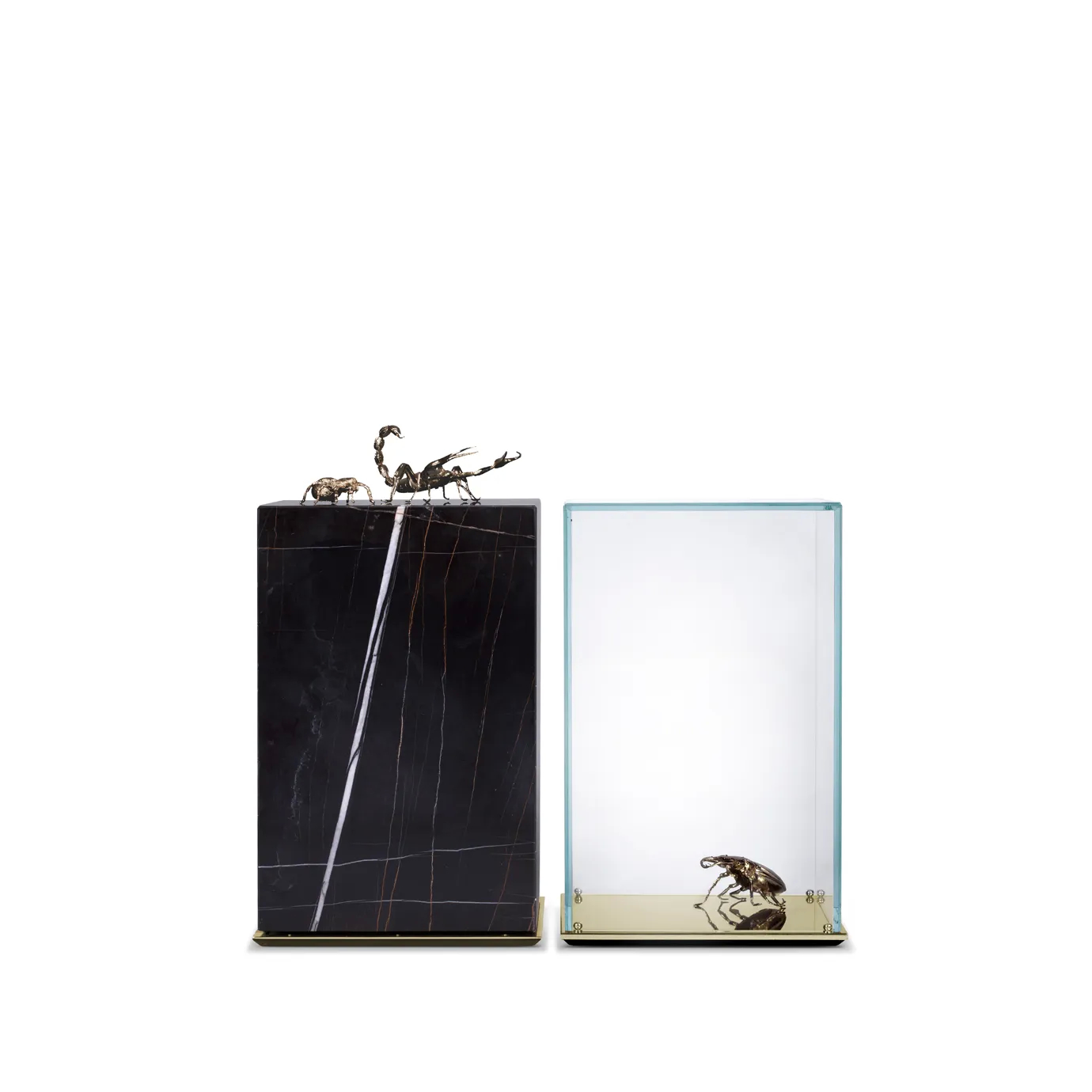 Metamorphosis Side Table with black marble base, scorpion sculpture, and glass display case featuring an insect specimen.