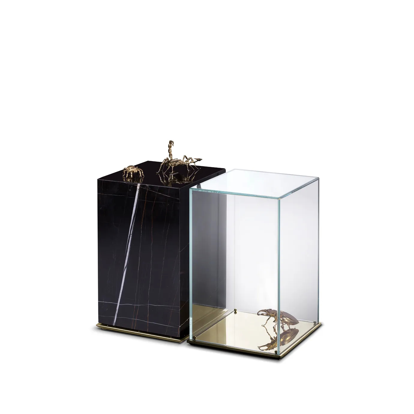 Metamorphosis Side Table with black marble base, scorpion sculpture, and glass display of an insect specimen.