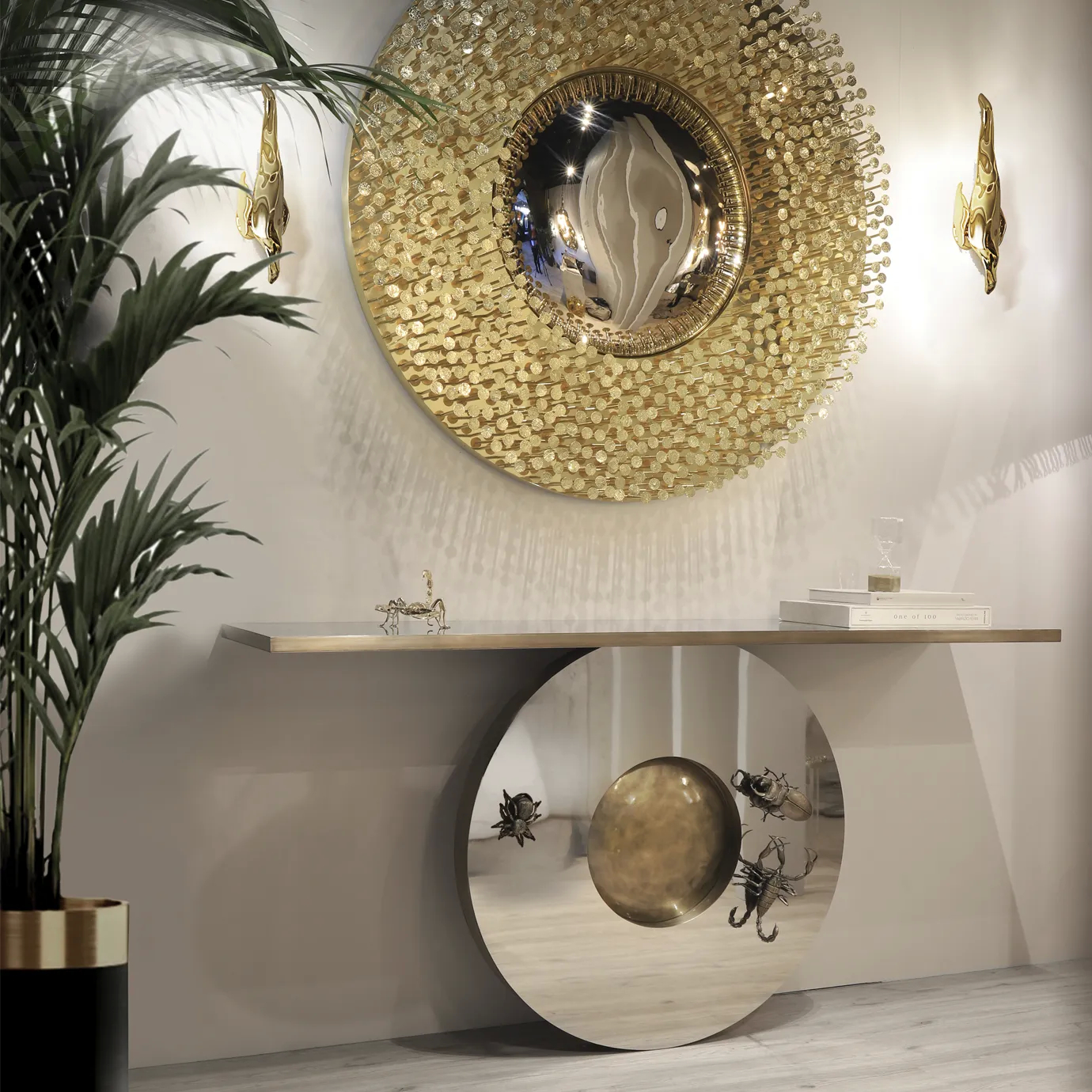 Metamorphosis Console in a stylish room, showcasing insect-inspired details and elegant decor.