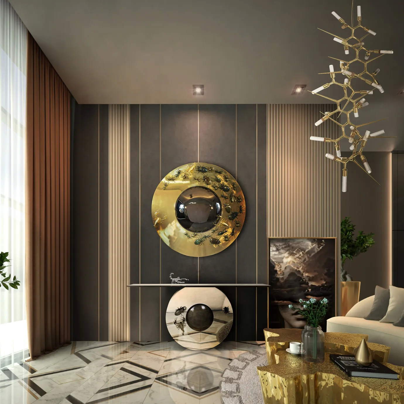 Metamorphosis Console in a modern living room, featuring intricate insect-inspired details and stylish decor.