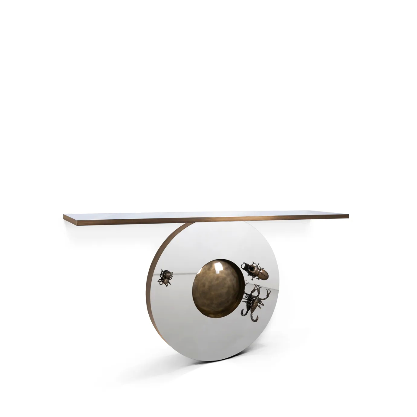 Metamorphosis Console with minimalist design and oval base featuring detailed insect-inspired motifs.