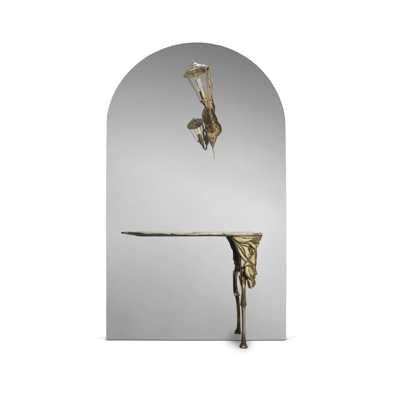 Lumiere Console with an elegant, arched mirror and gold accents, featuring a vintage-style lamp and ornate design.