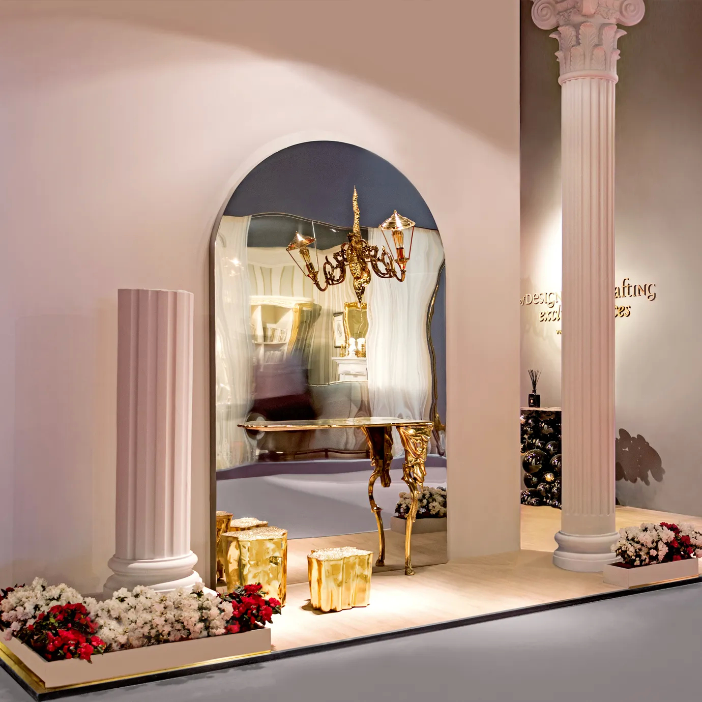 Lumiere Console in an elegant room with gold accents, classical details, and ornate decorative elements.
