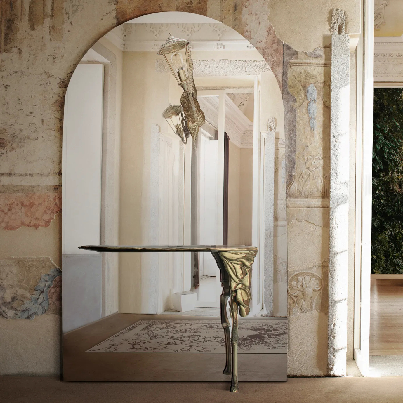 Lumiere Console in an elegant hallway with classical details and modern design elements.