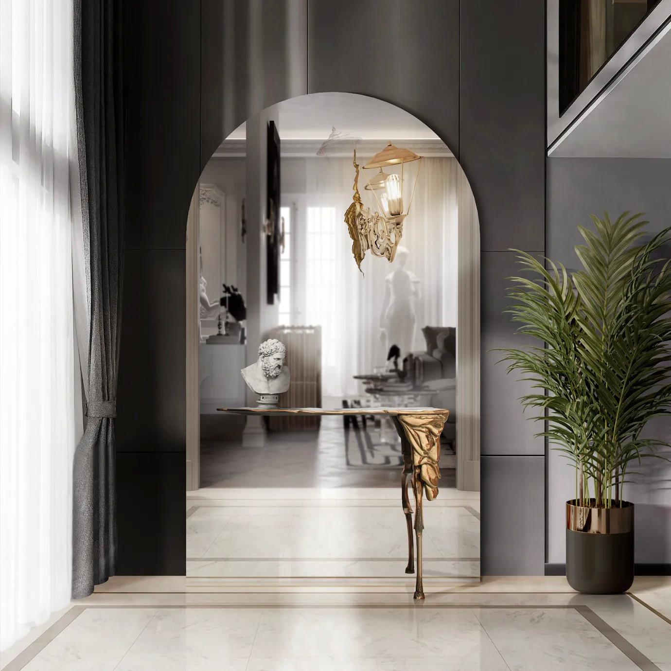 Lumiere Console in a luxurious entryway, featuring an arched mirror, gold accents, and stylish decor.