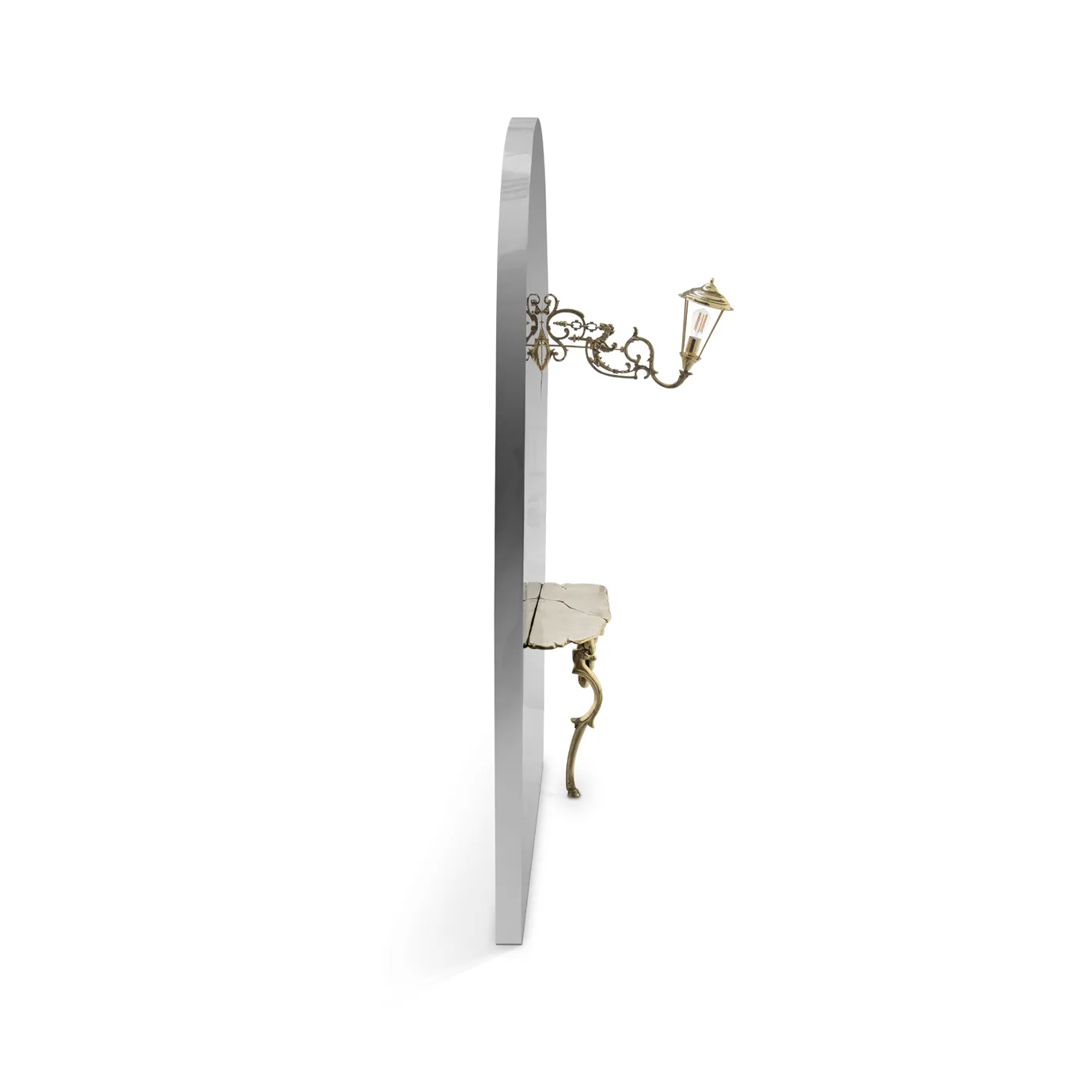 Side view of Lumiere Console, showcasing its sleek arched mirror and gold accents with vintage-style lamp.