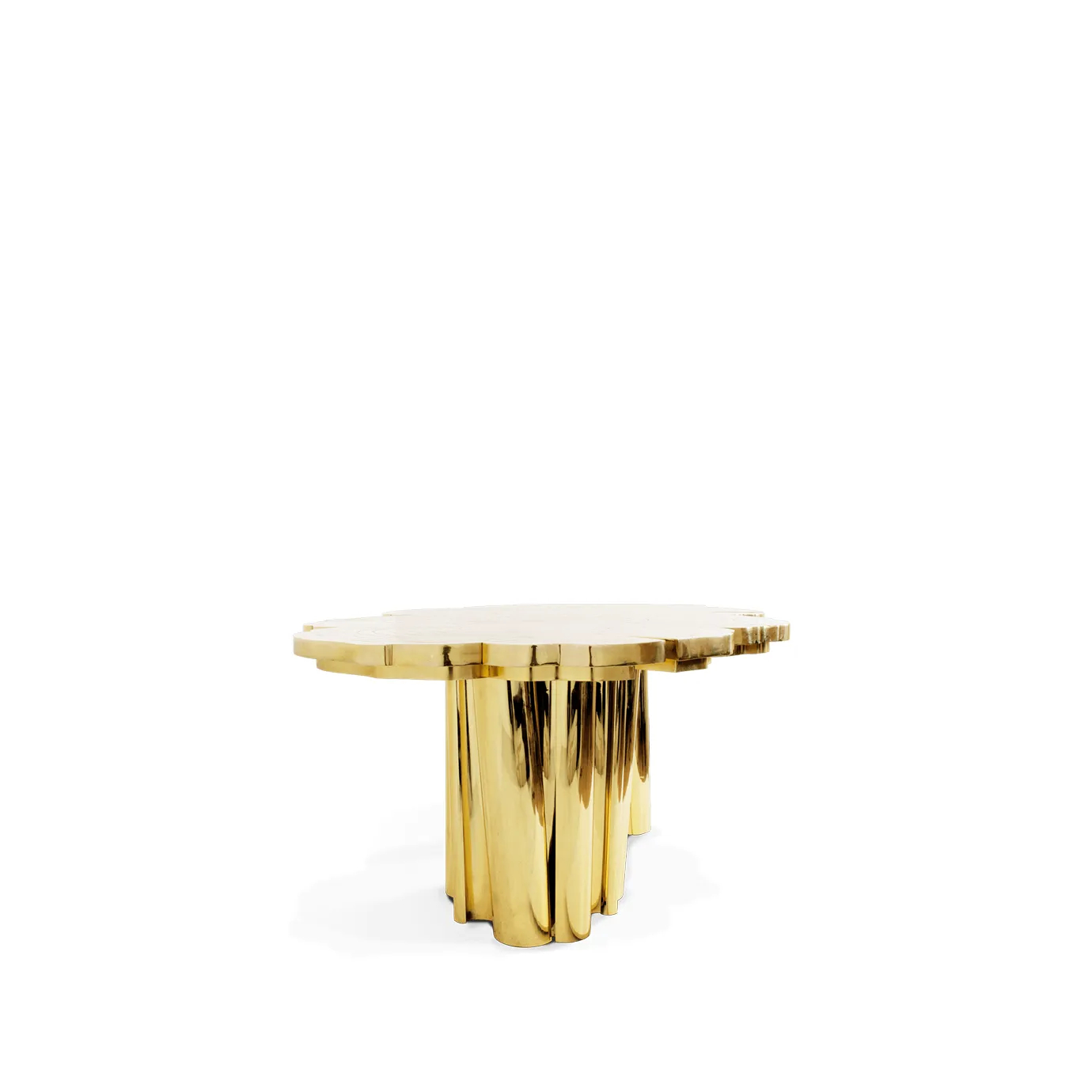 Side view of Fortuna Dining Table, highlighting its golden, organic design with intricate floral patterns and flowing legs.