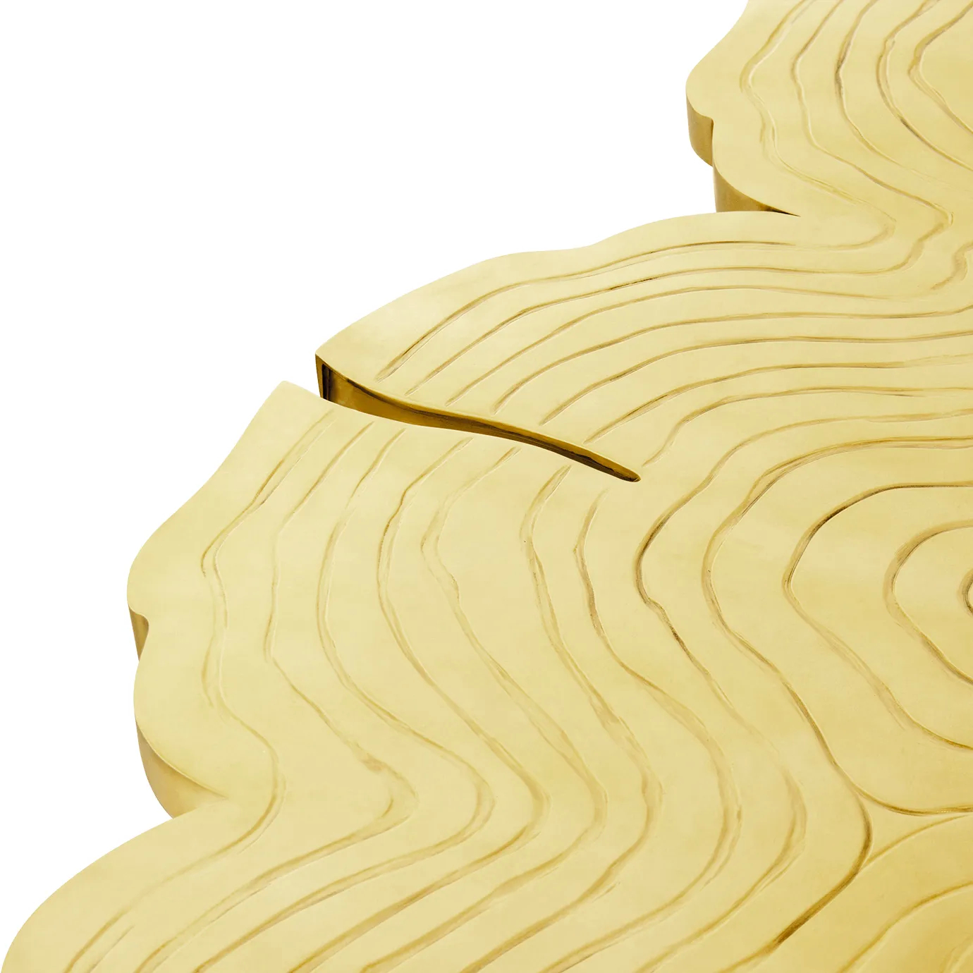 Close-up of Fortuna Dining Table, showcasing its golden top with intricate wood grain patterns resembling tree rings.