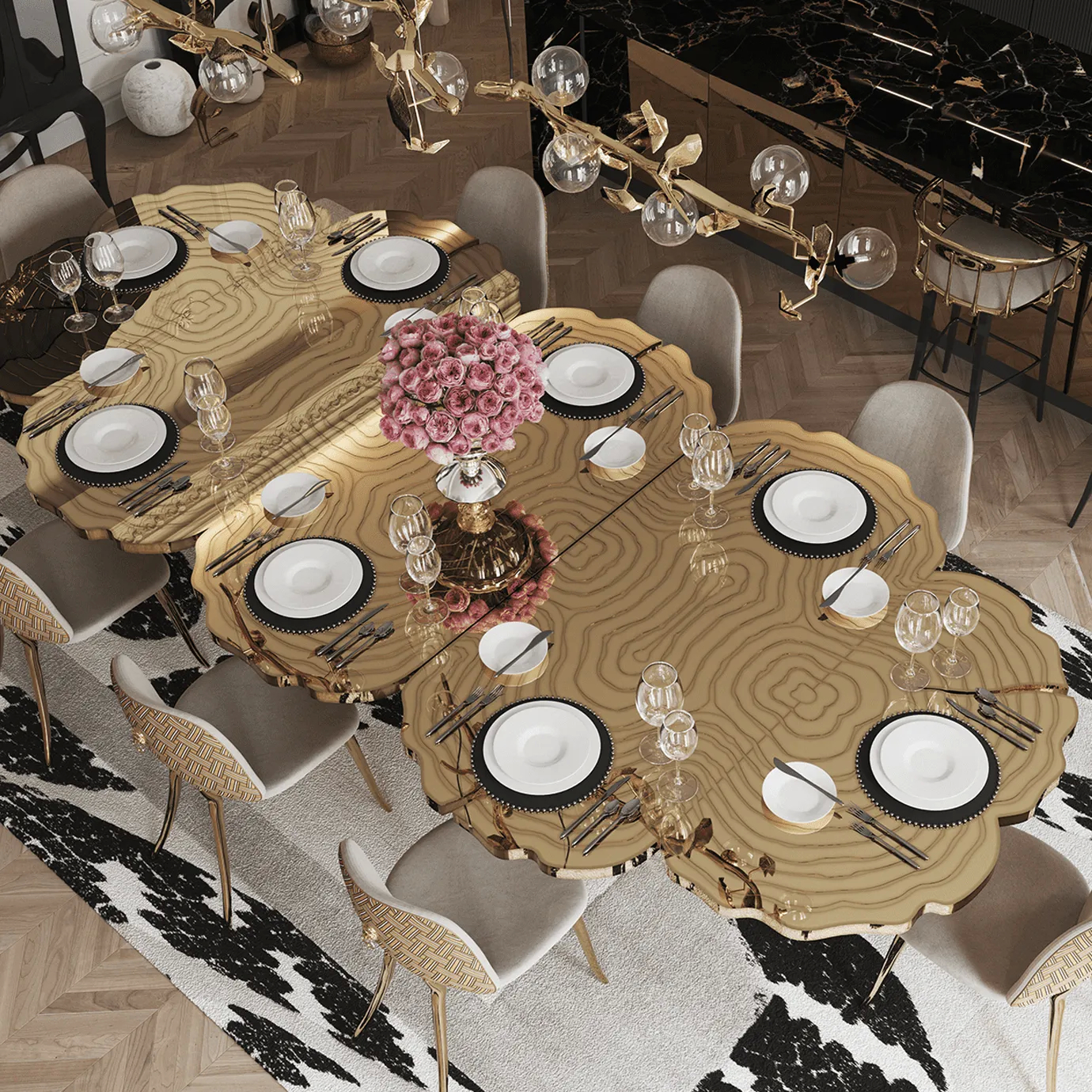 op-down view of Fortuna Dining Table in a luxurious dining room, styled with elegant tableware and floral centerpiece.